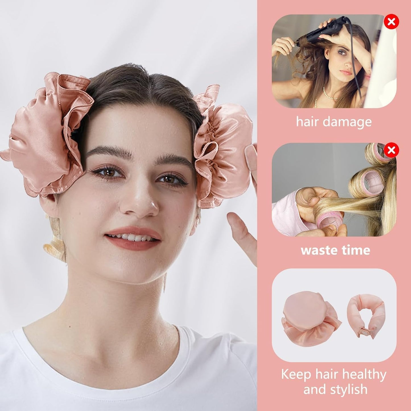 New Satin Heatless Hair Curler Set - 2 Rollers with Hair Cap and Headband - No Heat Styling