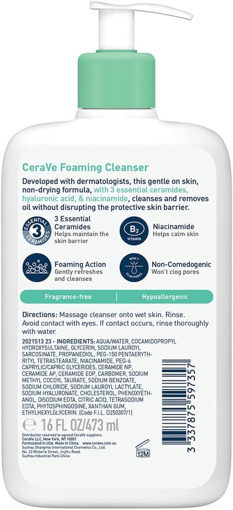 Foaming Cleanser Gel Face Wash 473Ml, for Normal to Oily Skin, Removes Oil without Disrupting the Protective Skin Barrier, Hyaluronic Acid + Niacinamide + Ceramides, Fragrance Free, Oil Control