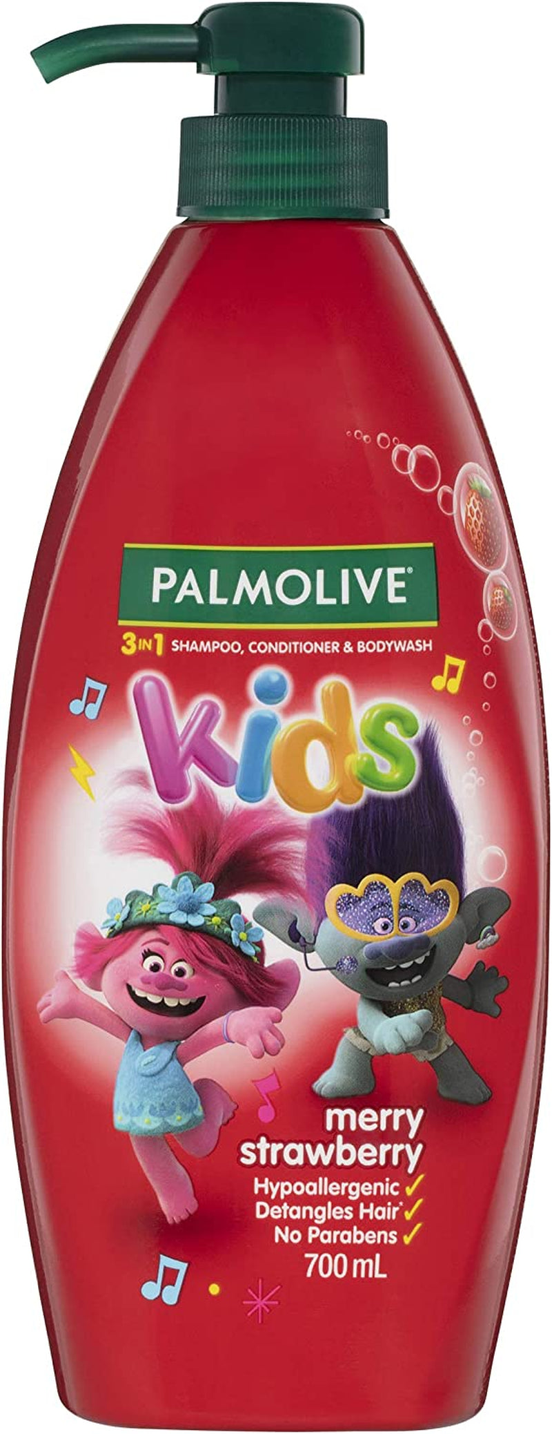 Kids 3 in 1 Hair Shampoo, Conditioner and Body Wash 700Ml, Trolls Merry Strawberry, Hypoallergenic, Detangles Hair, No Parabens