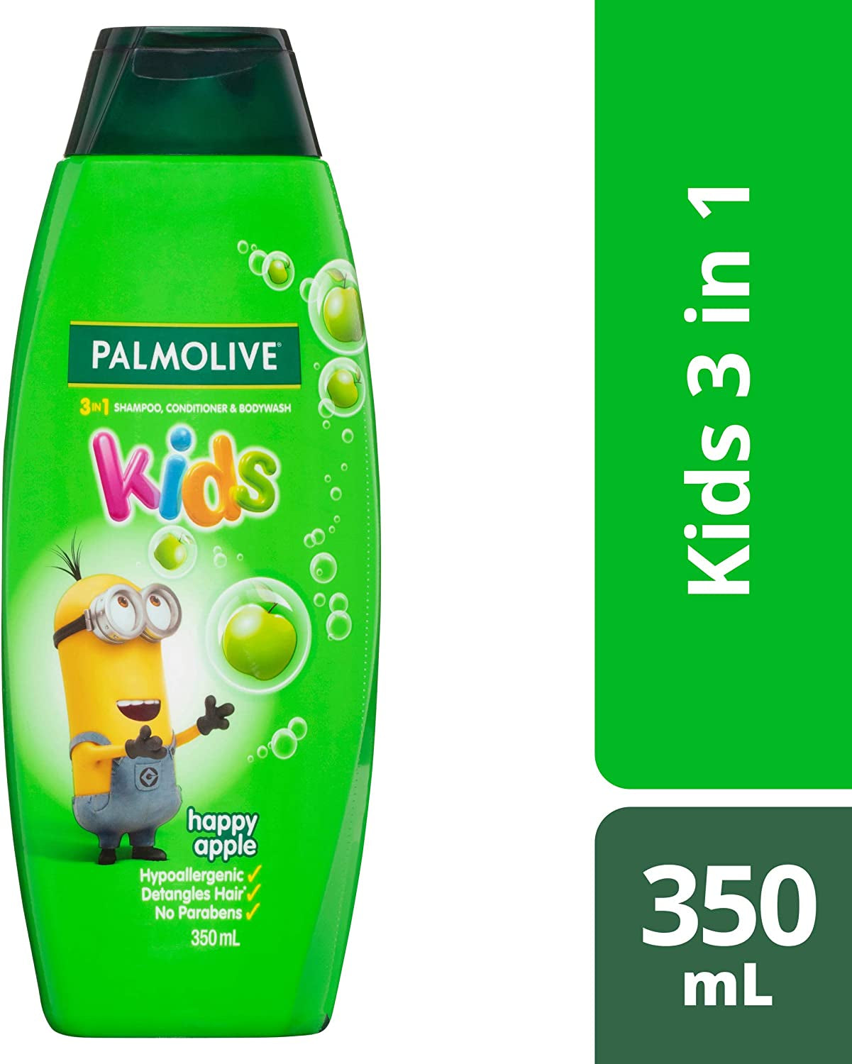 Kids 3 in 1 Hair Shampoo, Conditioner & Body Wash 350Ml, Minions Happy Apple, Hypoallergenic, Detangles Hair, No Parabens