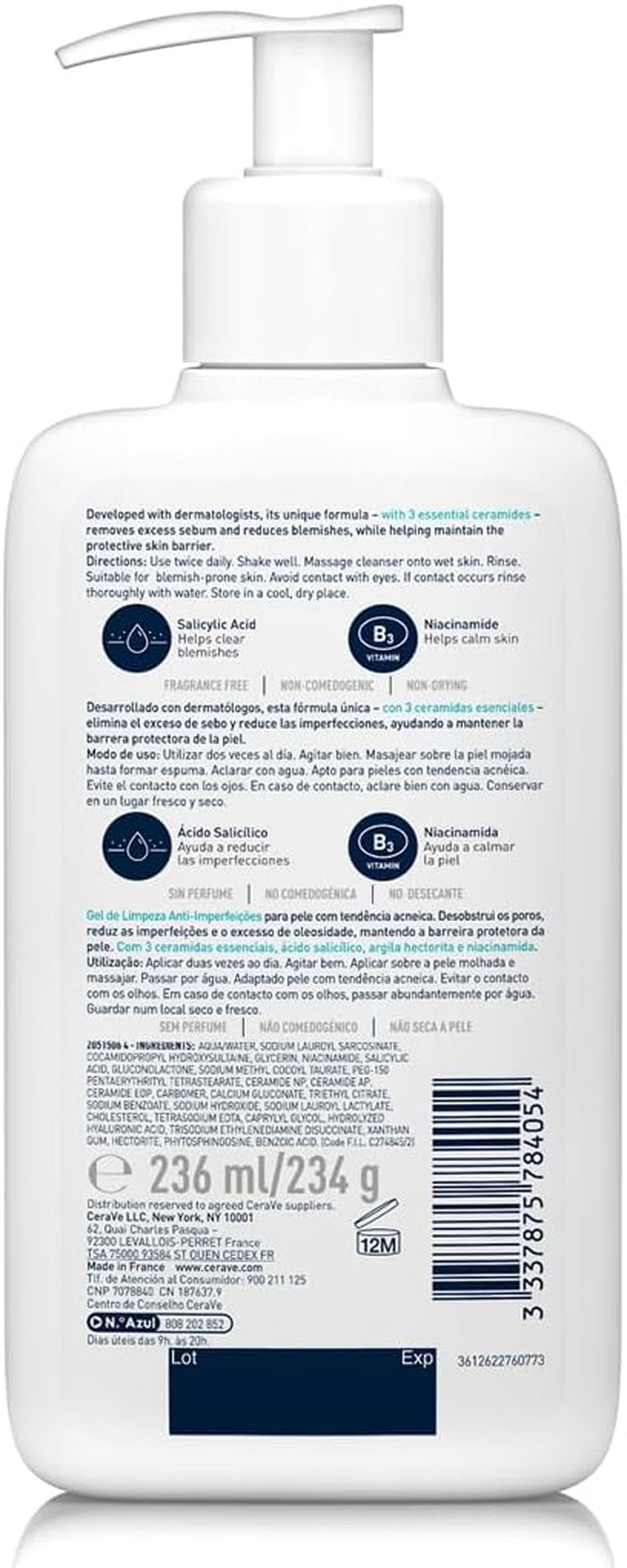 Blemish Control Cleanser Gel Face Wash 236Ml, for Blackheads, Blocked Pores & Acne-Prone Skin, 2% Salicylic Acid + Niacinamide + Purifying Clay + Ceramides, Lightweight + Oil-Absorbing