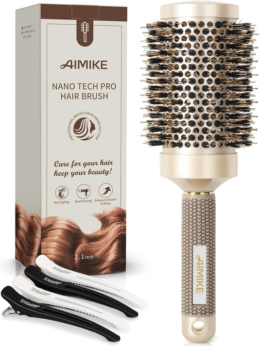 round Brush, Nano Thermal Ceramic & Ionic Tech Hair Brush, round Barrel Brush with Boar Bristles, Enhance Texture for Hair Drying, Styling, Curling and Shine (Barrel 2.1 Inch) + 4 Free Clips By