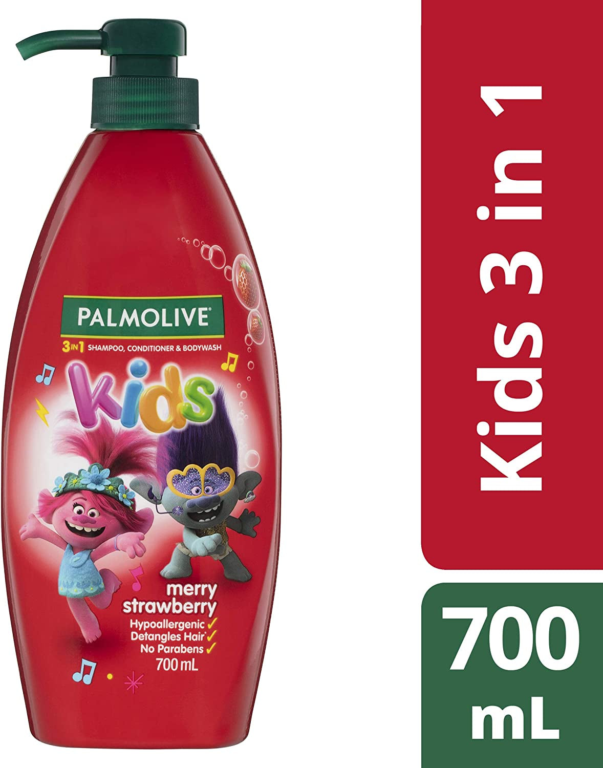 Kids 3 in 1 Hair Shampoo, Conditioner and Body Wash 700Ml, Trolls Merry Strawberry, Hypoallergenic, Detangles Hair, No Parabens