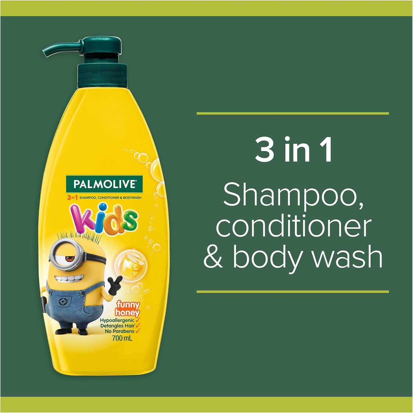 Kids 3 in 1 Hair Shampoo, Conditioner and Body Wash 700Ml, Minions Funny Honey, Hypoallergenic, Detangles Hair, No Parabens