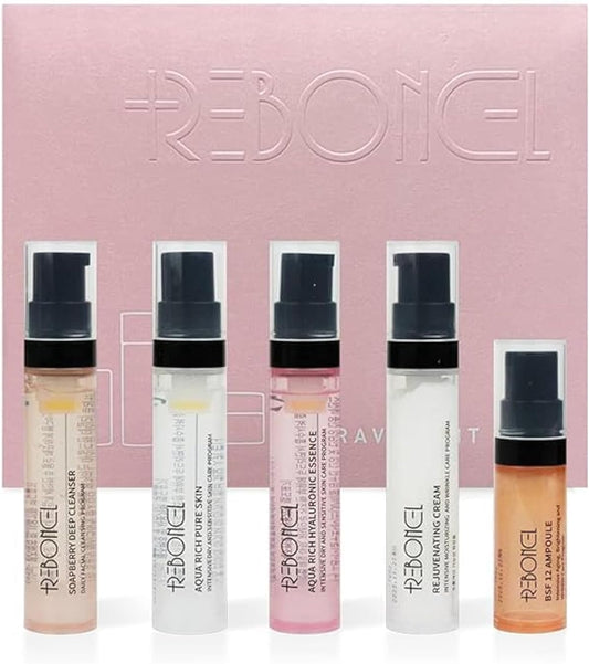 Korean Skin Care Set Travel Kit, TSA Approved Travel Size Toiletries, Ampoule, Cleanser, Toner, Essence, Cream | Travel Essentials Gift Set | All-Natural Moisturizing Skincare