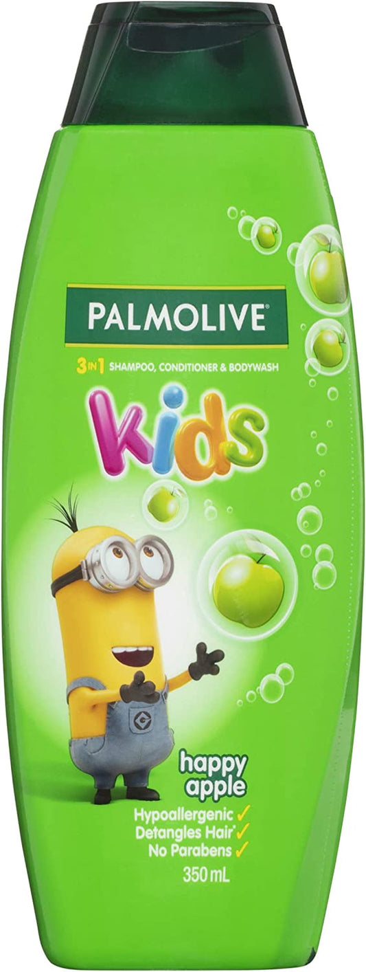 Kids 3 in 1 Hair Shampoo, Conditioner & Body Wash 350Ml, Minions Happy Apple, Hypoallergenic, Detangles Hair, No Parabens