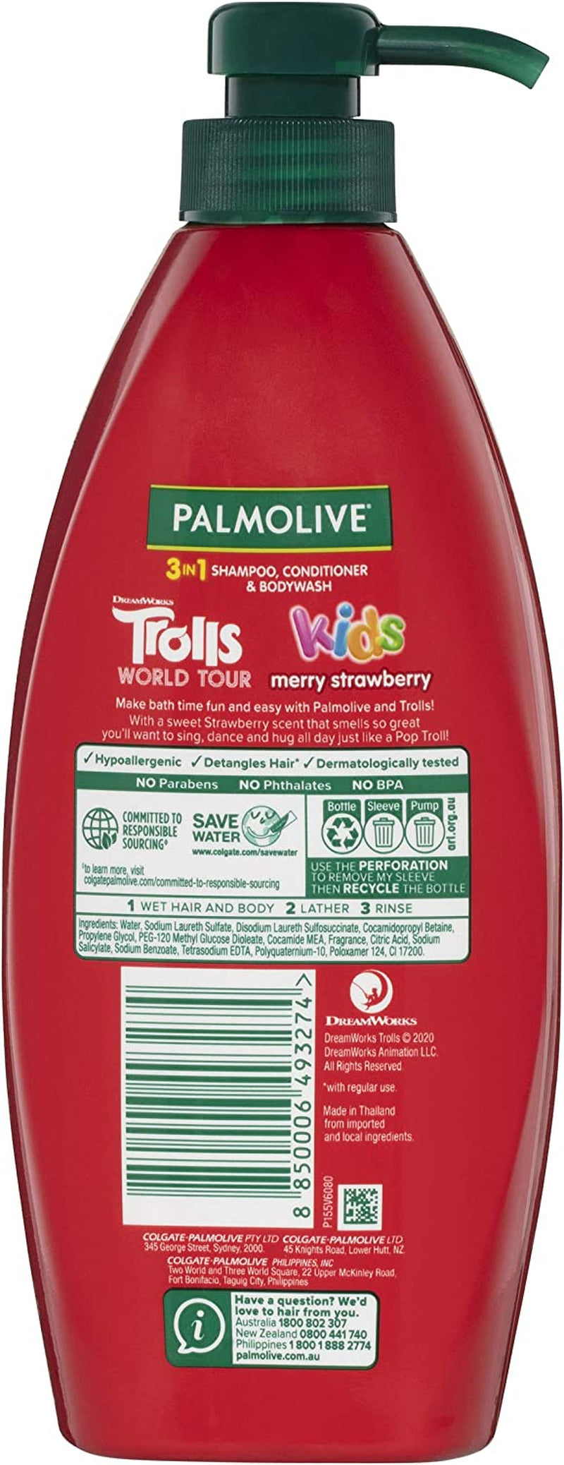 Kids 3 in 1 Hair Shampoo, Conditioner and Body Wash 700Ml, Trolls Merry Strawberry, Hypoallergenic, Detangles Hair, No Parabens