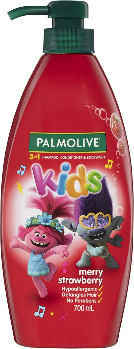 Kids 3 in 1 Hair Shampoo, Conditioner and Body Wash 700Ml, Trolls Merry Strawberry, Hypoallergenic, Detangles Hair, No Parabens