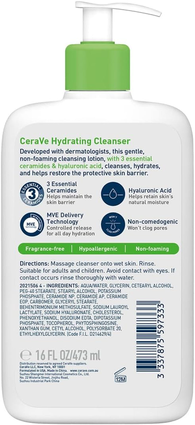 Cerave Hydrating Cleanser Face Wash 473Ml, for rmal to Dry Skin, Hyaluronic Acid + 3 Essential Ceramides, Cleanses and Hydrates without Disrupting Natural Skin Barrier of the Face & Body