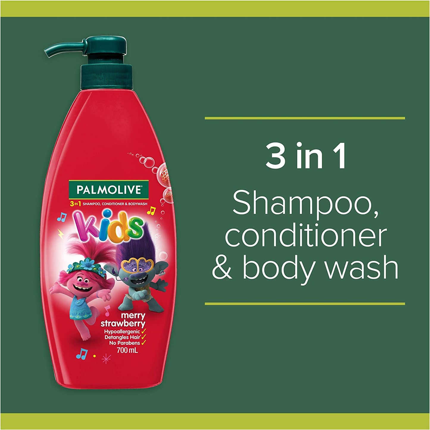 Kids 3 in 1 Hair Shampoo, Conditioner and Body Wash 700Ml, Trolls Merry Strawberry, Hypoallergenic, Detangles Hair, No Parabens