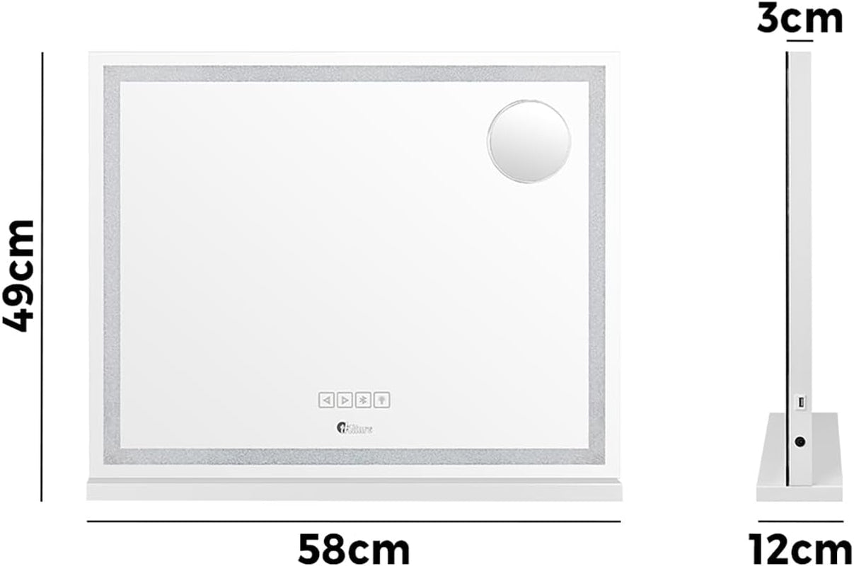 Makeup Mirror with Light Hollywood Makeup Mirror with 10X Magnifying Mirror Vanity Mirror with Dimmable LED Bluetooth Speaker USB Power Charging 58 X 49Cm