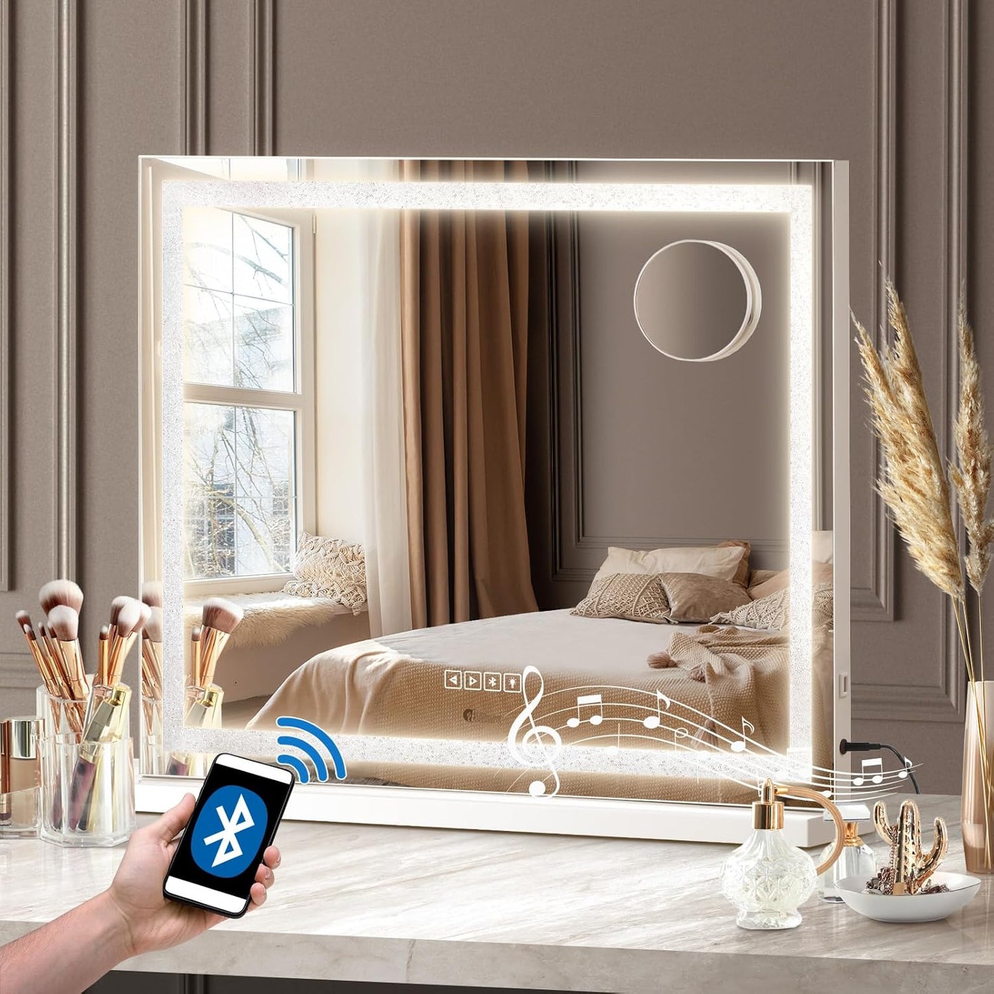 Makeup Mirror with Light Hollywood Makeup Mirror with 10X Magnifying Mirror Vanity Mirror with Dimmable LED Bluetooth Speaker USB Power Charging 58 X 49Cm