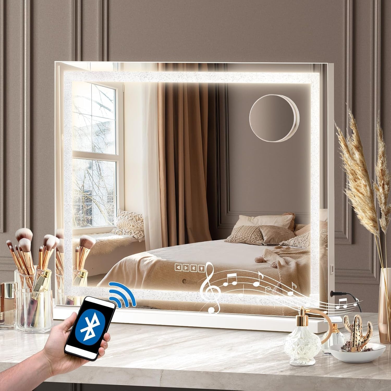 Makeup Mirror with Light Hollywood Makeup Mirror with 10X Magnifying Mirror Vanity Mirror with Dimmable LED Bluetooth Speaker USB Power Charging 58 X 49Cm