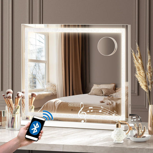 Makeup Mirror with Light Hollywood Makeup Mirror with 10X Magnifying Mirror Vanity Mirror with Dimmable LED Bluetooth Speaker USB Power Charging 58 X 49Cm